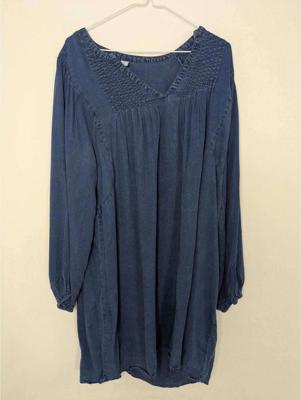 Old Navy Blue Denim Lyocell Tunic Dress V-Neck Pintuck Long Sleeve Large